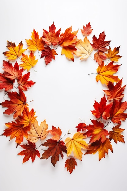 una corona con hojas de otoño está sobre un fondo blanco.