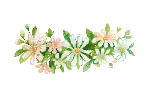 Corona con hojas verdes, margaritas blancas y rosas dibujadas en acuarela aisladas en blanco