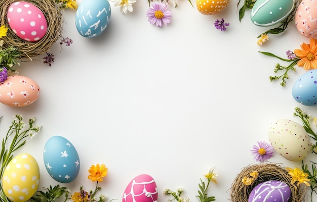 Una corona con huevos de Pascua coloridos y flores sobre un fondo blanco