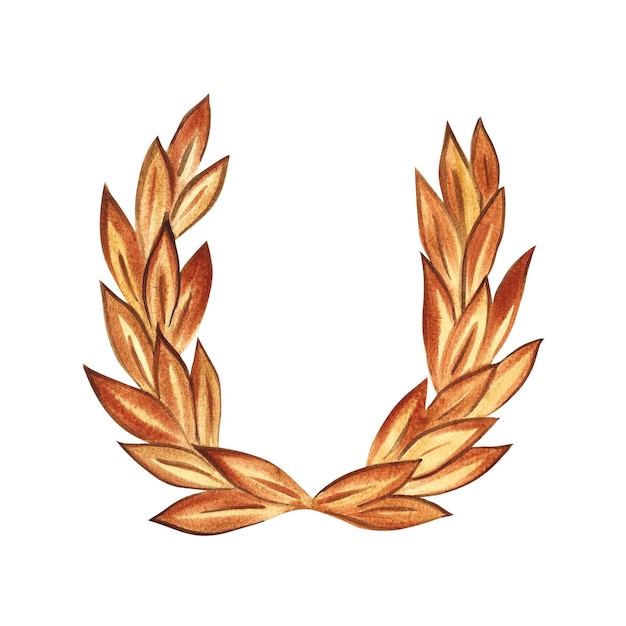 Corona de laurel dorada Elemento de la antigua Grecia Ilustración de acuarela dibujada a mano