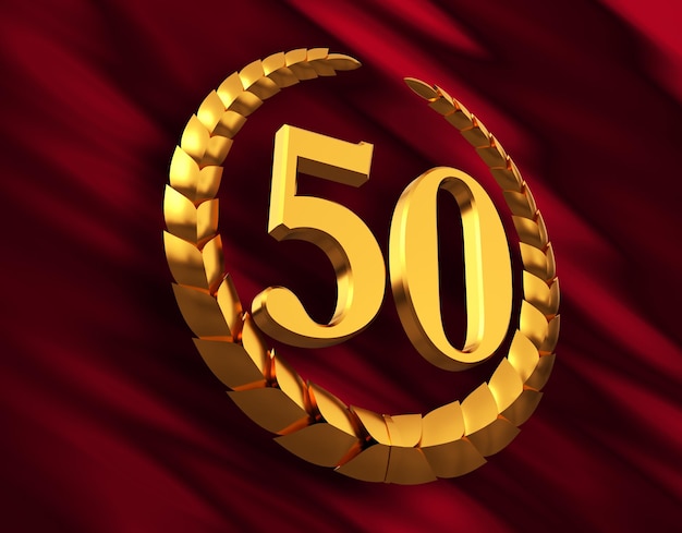 Corona de laurel de oro de aniversario y número 50 en bandera roja