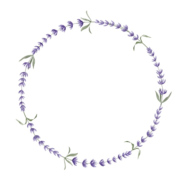 Corona de lavanda Círculo floral de acuarela dibujado a mano Marco sobre fondo blanco aislado Ilustración de borde de Lavandula Plantilla para tarjetas de felicitación o invitaciones de boda con hierbas provenzales