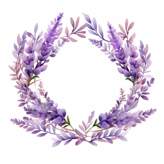 corona de lila con flores de lavanda prensadas en un estilo de acuarela, con colores vibrantes mínimos. la corona se coloca sobre un fondo blanco aislado, creando un contraste visualmente atractivo. este hi