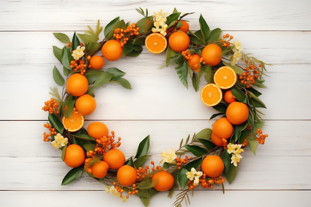 Una corona de naranjas y hojas está sobre una mesa de madera blanca.