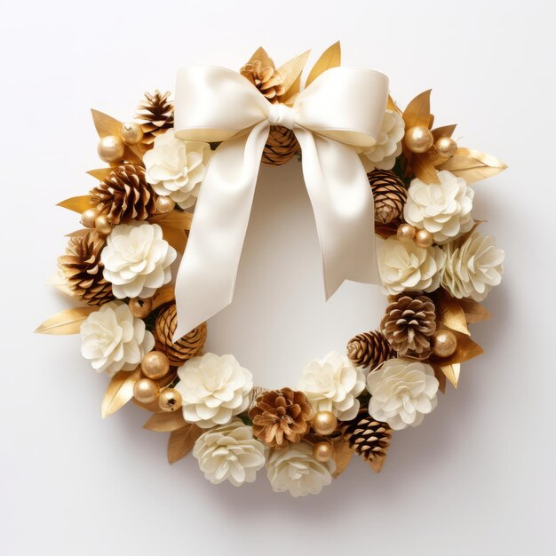 Corona de Navidad adornada con conos de pino bañados en oro y cintas de satén de marfil
