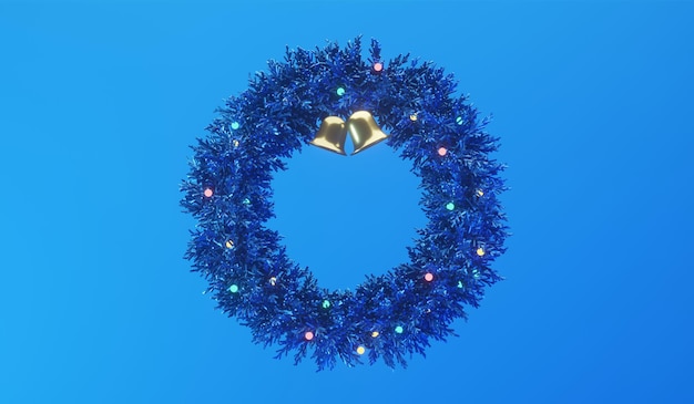 Corona de Navidad azul con campanas de oro ilustración 3d