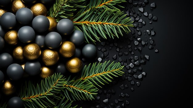 una corona de Navidad con bolas doradas y negras en un fondo negro