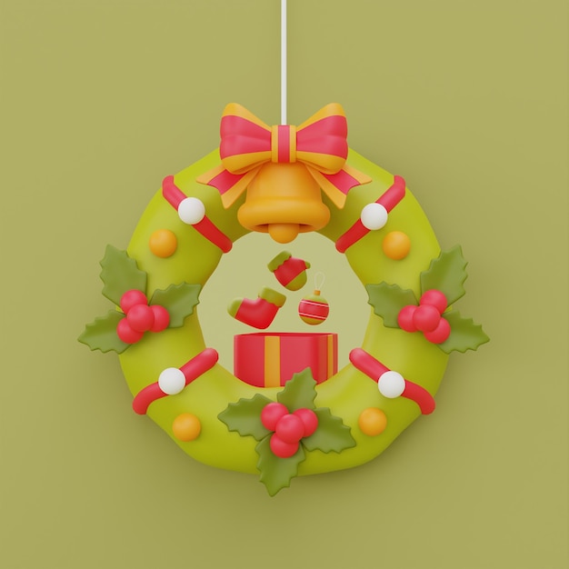 Corona de Navidad y campana dorada con regalos Feliz Navidad y Feliz Año Nuevo 3D rendering
