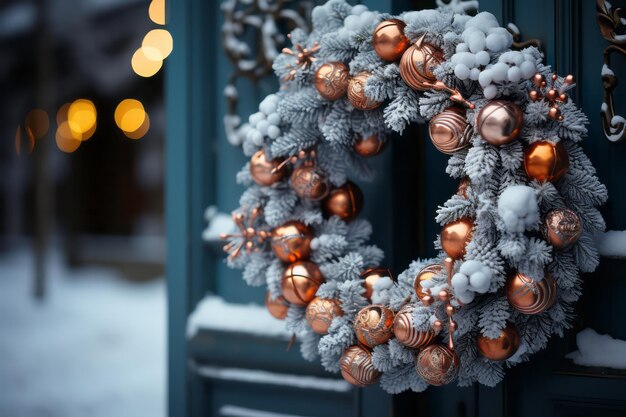 Corona de Navidad decorada en la puerta