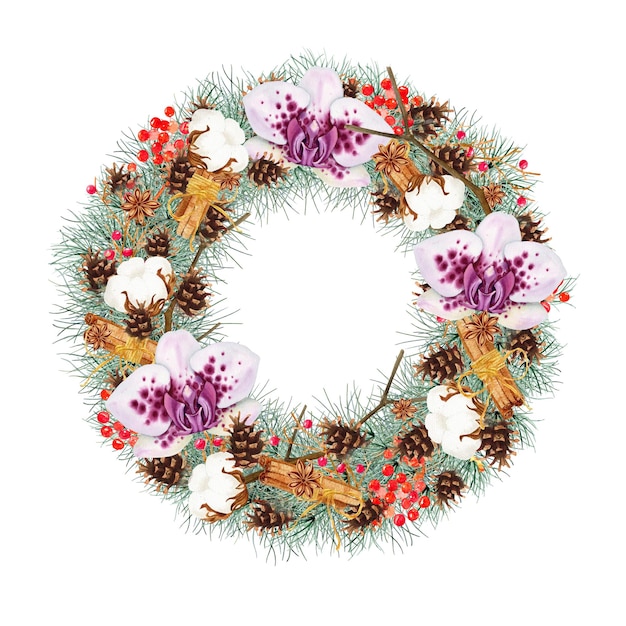 Corona de Navidad con flores aisladas sobre un fondo blanco Ilustración artística en acuarela de Clipart