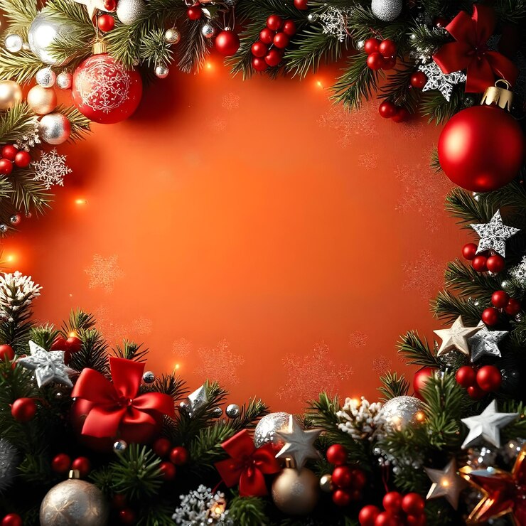 una corona de Navidad con un fondo rojo con decoraciones de Navidad