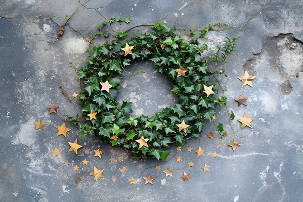 Foto corona de navidad de hiedra verde y estrellas doradas en fondo de hormigón