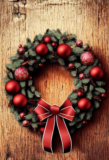 Corona de navidad en la puerta de madera vieja concepto de celebración de año nuevo feliz entrada de bienvenida de año nuevo