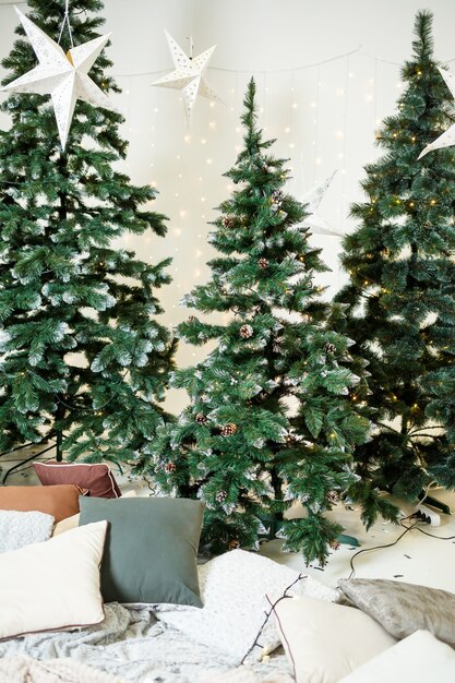 Una corona de Navidad de las ramas de un árbol de Navidad cuelga de la pared. Decoraciones en la casa para el nuevo año. Decoraciones en la habitación para las vacaciones de año nuevo.