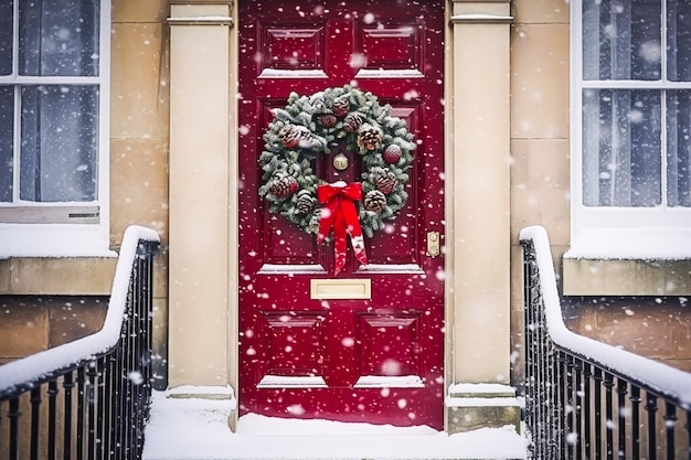 Corona navideña y decoración en una puerta roja clásica en vacaciones de invierno nevando Feliz Navidad y Felices Fiestas deseos ai generativo