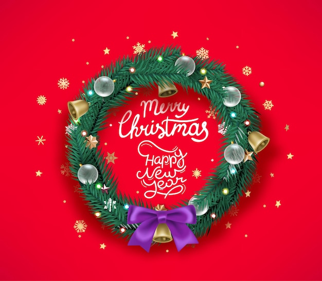 Corona navideña con inscripción caligráfica Feliz Navidad y feliz año nuevo