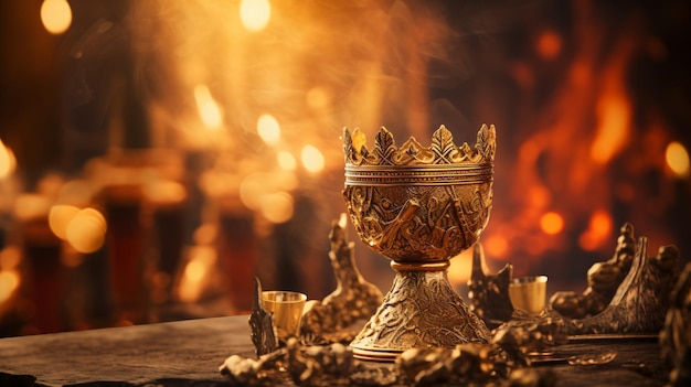 Corona de oro y una copa llena de oro