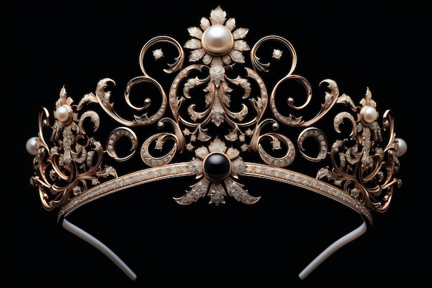 una corona de oro con una perla y diamantes en la parte superior
