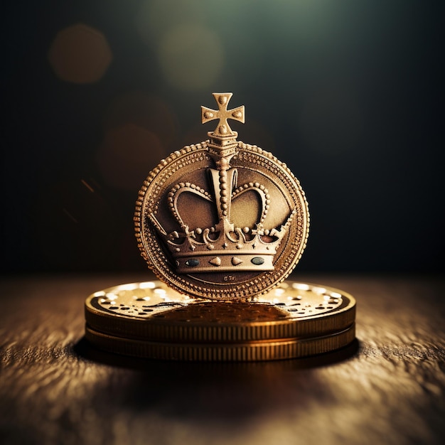 Corona de oro sobre un fondo oscuro con monedas