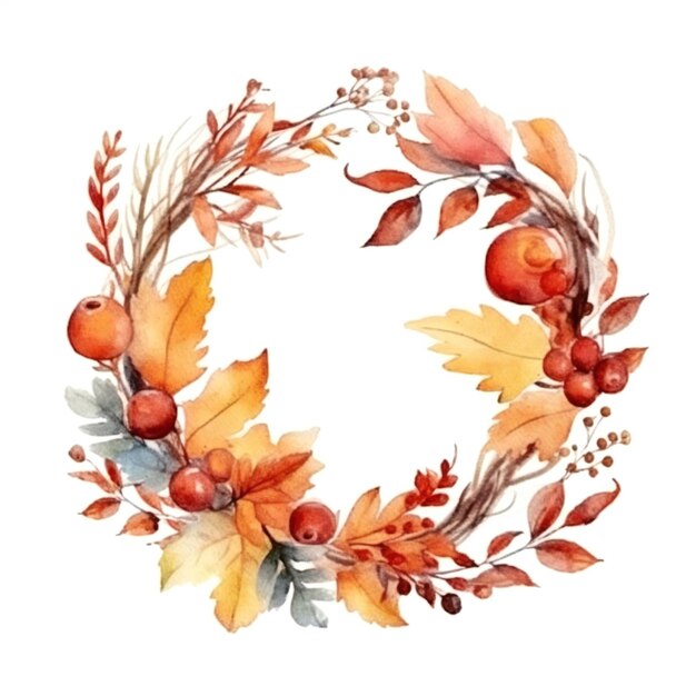 Corona de otoño de acuarela sobre fondo blanco.