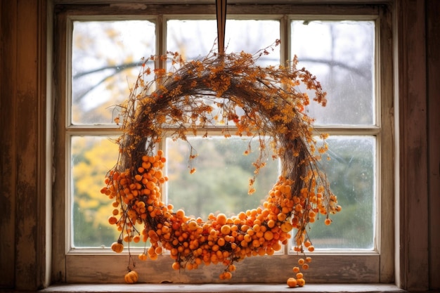 Corona de otoño colgada en un marco de ventana vintage