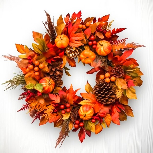 Corona de otoño como decoración en la puerta blanca dando la bienvenida a la temporada de vacaciones de otoño con decoraciones otoñales ai generativo posprocesado