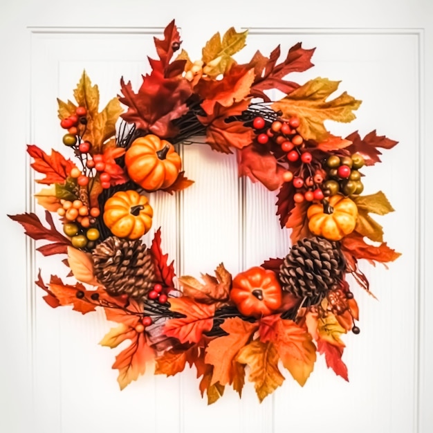 Corona de otoño como decoración en la puerta blanca que da la bienvenida a la temporada de vacaciones de otoño con decoraciones otoñales ai generativo