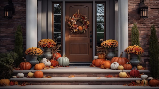 Corona de otoño generativa en la puerta principal marrón y decoraciones de otoño en los escalones de la puerta principal