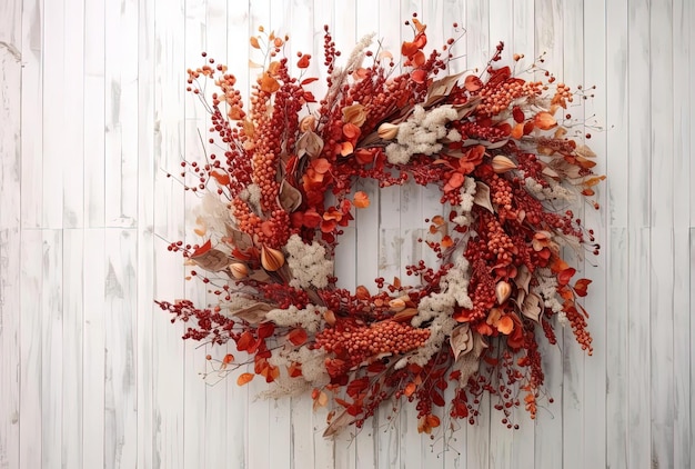 corona de otoño en la pared de madera blanca en el estilo de rojo claro y bronce