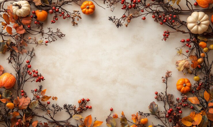 Corona de otoño rústica con ramas, bayas y calabazas que rodean un centro limpio en un OffW texturizado