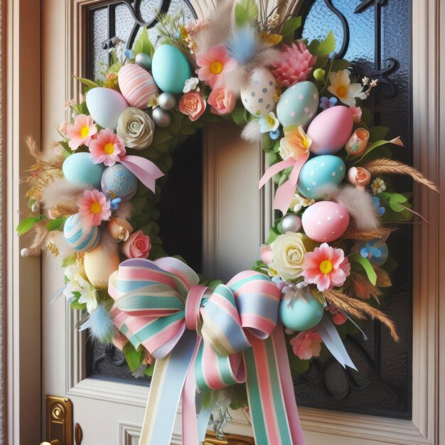 Corona de Pascua con cintas de colores pastel y flores colgando en una puerta principal