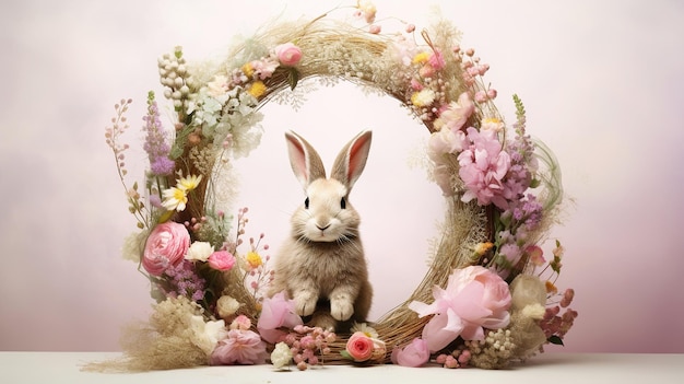 Corona de Pascua con conejito y flores Concepto de celebración de Pascua