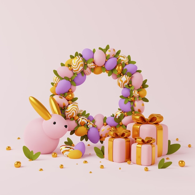 Corona de Pascua con conejito de huevos y cajas de regalo sobre fondo rosa claro 3D