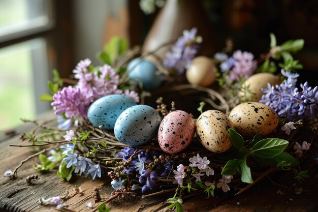 Corona de Pascua hecha a mano con huevos y flores de colores