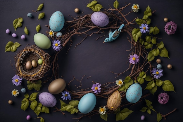 Corona de Pascua de huevos sobre fondo oscuro con flores de primavera y un nido. IA generativa