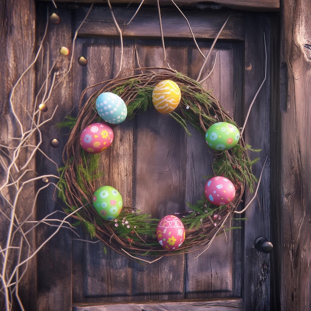 Foto corona de pascua en primer plano sobre un fondo de madera