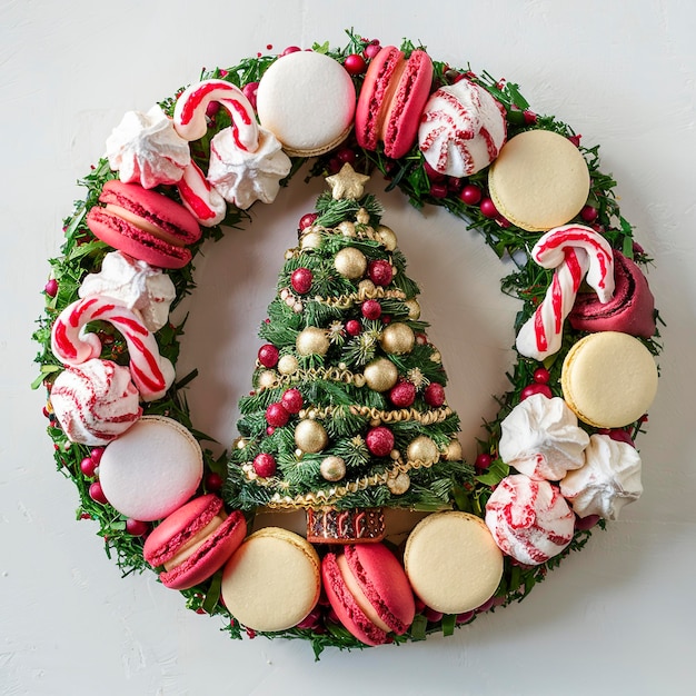 Corona de postre de Navidad con macarrones de vainilla y frambuesa y merengues de menta