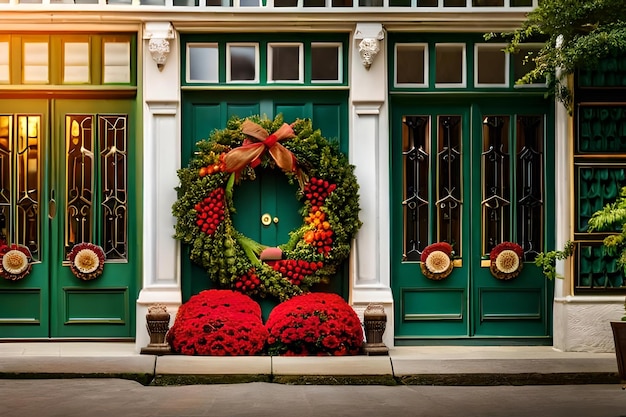 Una corona en una puerta dice "navidad".