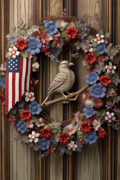 Una corona de puerta con tema patriótico en una puerta de madera creada con ai generativo