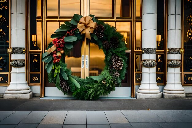 Una corona que dice "navidad" está en la puerta.