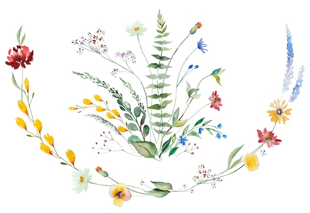 Corona y ramo de flores y hojas silvestres en acuarela Ilustración de bodas y saludos