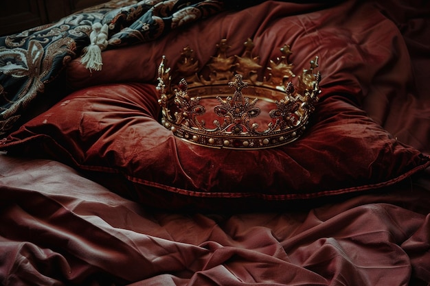 Foto una corona real colocada sobre una almohada de terciopelo