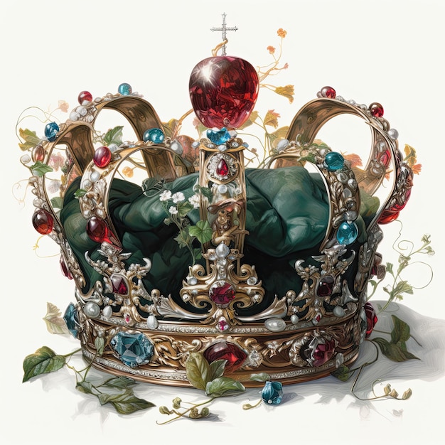 Una corona real sobre un fondo blanco adornada con joyas de diamantes y esmeraldas IA generativa