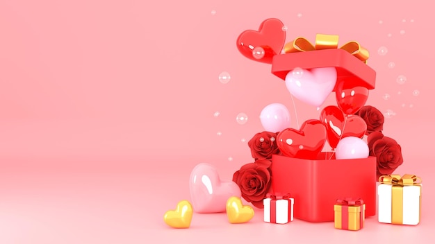 Corona redonda blanca con el día de San Valentín. globo de corazón, rosa, representación 3d.