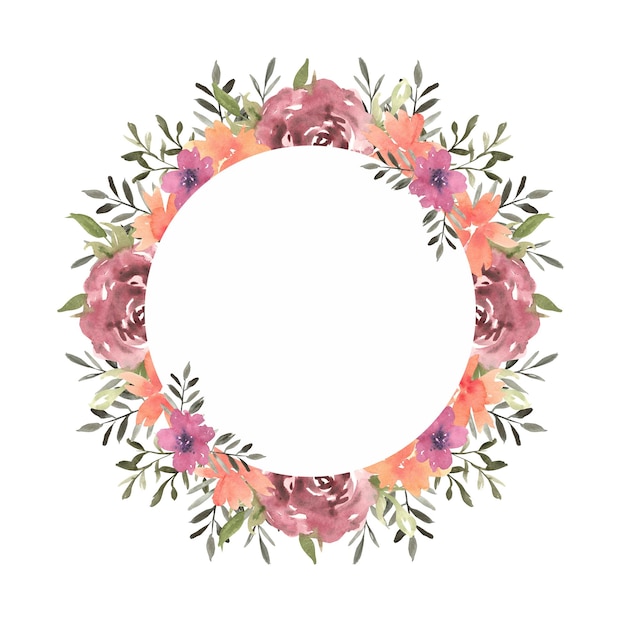 Corona redonda floral de acuarela de rosas flores naranjas y rosas con hojas y ramitas verdes