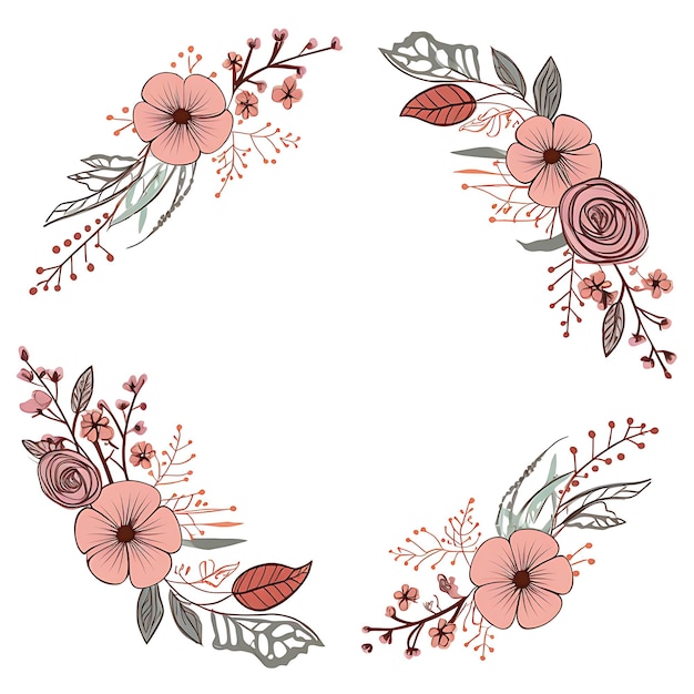 una corona redonda con flores y hojas rosas y un marco redondo con un fondo blanco