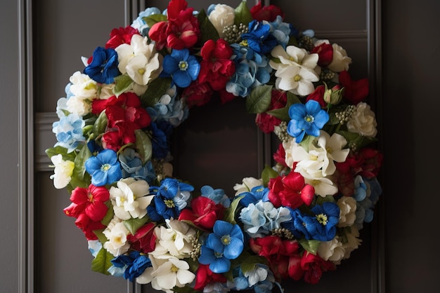 Una corona roja, blanca y azul con flores rojas.