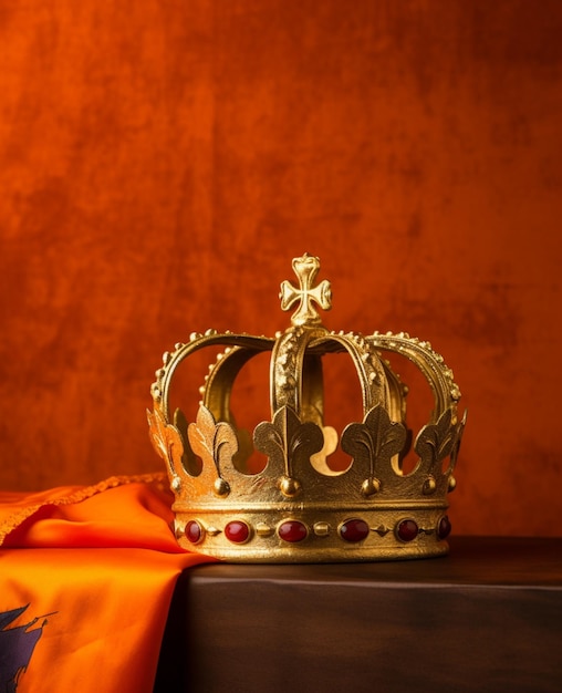 Foto una corona se sienta en una mesa con un paño naranja en el fondo.