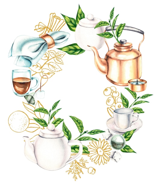Corona de té de acuarela con corona de oro con juego de té plantas de té corona de té para tarjetas de invitaciones