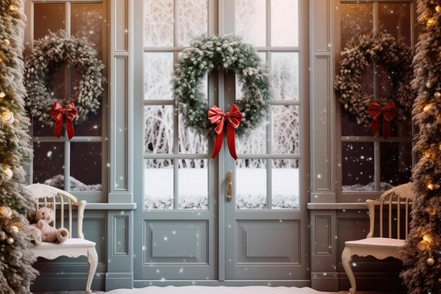 Coronas de Navidad en las puertas azules delanteras de la casa